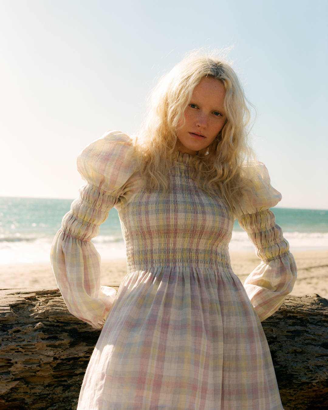 Shirred Turtleneck Mini Dress in Plaid